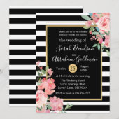 Invitation Fleurs de mariage à rayures noires et blanches Ros (Devant / Derrière)