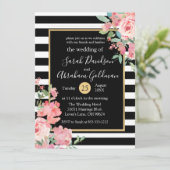 Invitation Fleurs de mariage à rayures noires et blanches Ros (Debout devant)
