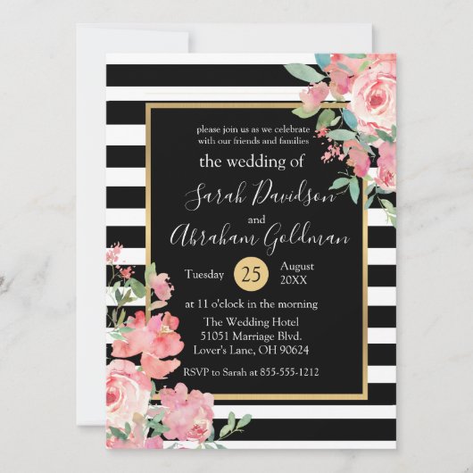 Invitation Fleurs de mariage à rayures noires et blanches Ros (Devant)