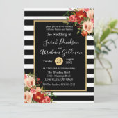 Invitation Fleurs de mariage à rayures noires et blanches Ros (Debout devant)