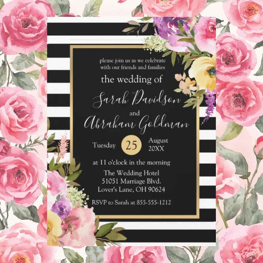 Invitation Fleurs de mariage à rayures noires et blanches Ros