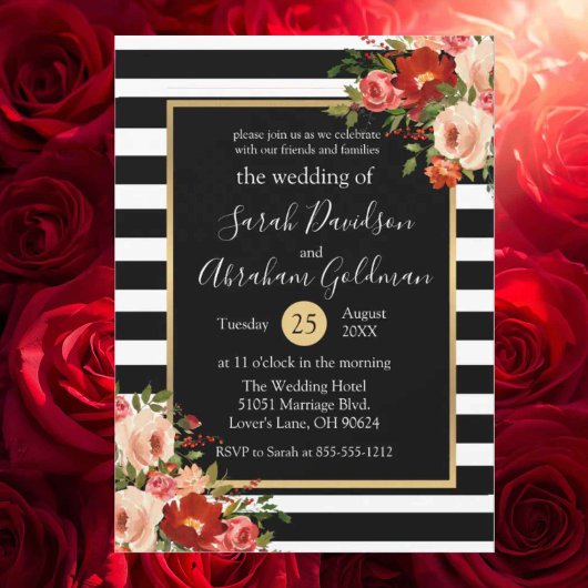 Invitation Fleurs de mariage à rayures noires et blanches Ros