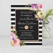 Invitation Fleurs de mariage à rayures noires et blanches Ros (Debout devant)