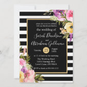 Invitation Fleurs de mariage à rayures noires et blanches Ros (Devant)