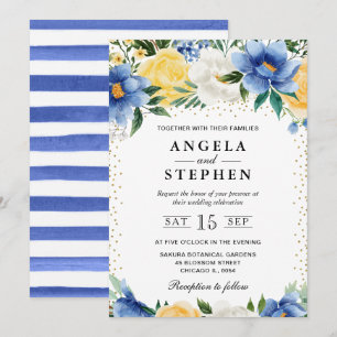 Invitation Fleurs de mariage aquarelle bleue et jaune