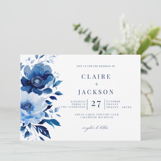 Invitation Fleurs de Mariage bleu (Debout devant)