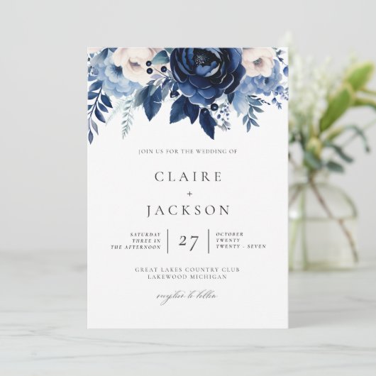 Invitation Fleurs de Mariage bleu (Debout devant)