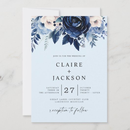Invitation Fleurs de Mariage Bleu (Devant)