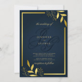 Invitation Fleurs de mariage bleu marine monogramme or (Devant)