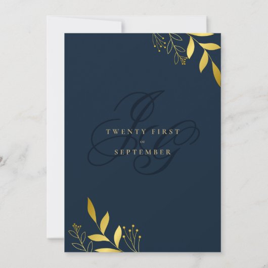 Invitation Fleurs de mariage bleu marine monogramme or (Dos)