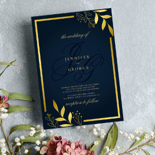 Invitation Fleurs de mariage bleu marine monogramme or 
