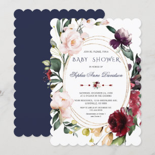 Invitation Fleurs de mariage bleu or royale Bourgogne Blush