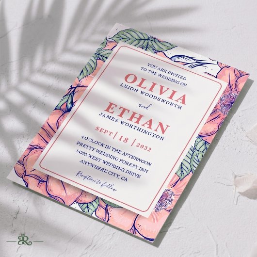 Invitation Fleurs de mariage botanique rose rustique dessinée