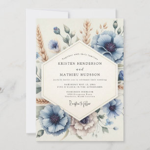 Invitation Fleurs de mariage champêtre bleu poussiéreux