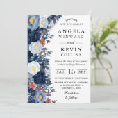 Invitation Fleurs de mariage d'hiver bleues et blanches (Debout devant)