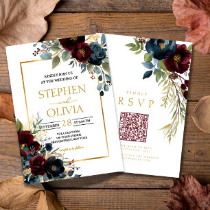 Invitation Fleurs de mariage élégantes en Bourgogne QR RSVP