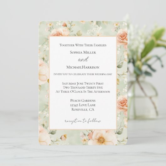 Invitation Fleurs de mariage jolies pêche menthe (Debout devant)