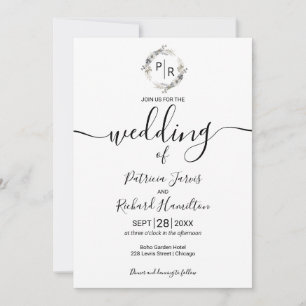 Invitation Fleurs de mariage monogramme Calligraphie moderne