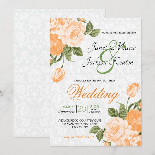 Invitation Fleurs de mariage orange élégantes (Devant / Derrière)