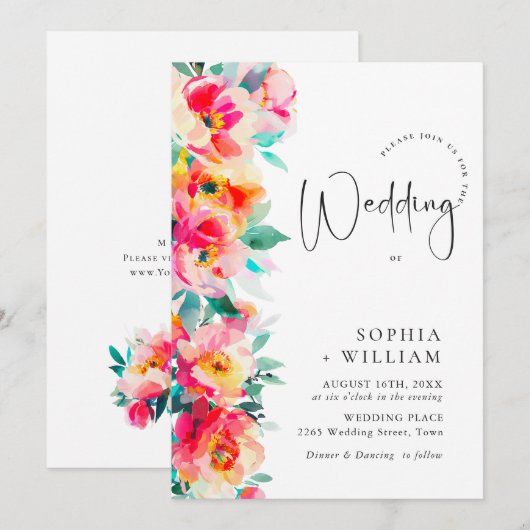 Invitation Fleurs de mariage orange rose clair aquarelle (Devant / Derrière)