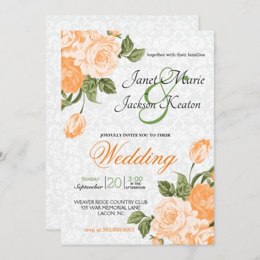 Invitation Fleurs de mariage orange vif (Devant / Derrière)