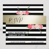 Invitation Fleurs de mariage rayées or noir/blanc RSPV (Devant / Derrière)