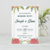 Invitation Fleurs de mariage rose et vert (Debout devant)
