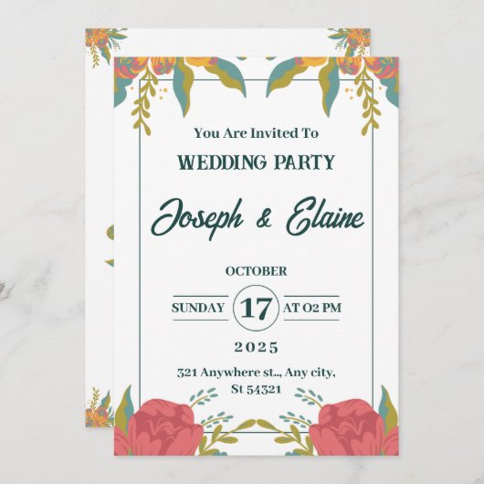 Invitation Fleurs de mariage rose et vert (Devant / Derrière)