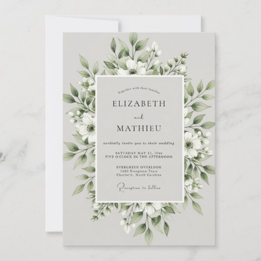 Invitation Fleurs de mariage vert sauge (Devant)
