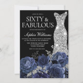 Invitation Fleurs de marine et robe d'argent Noir 60e anniver (Devant)