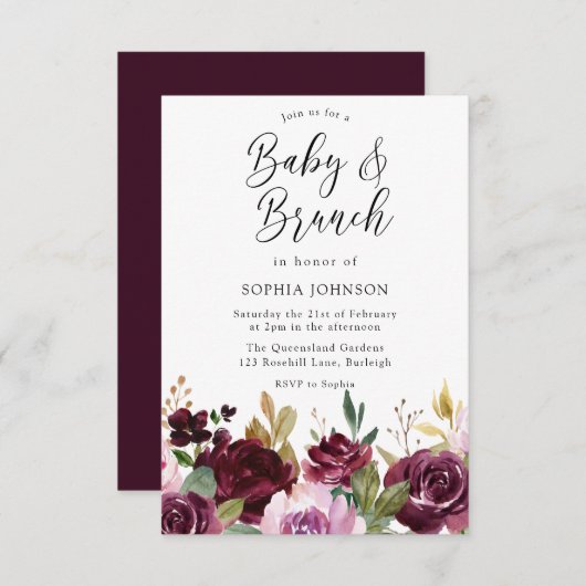 Invitation Fleurs de marron bordeaux Baby shower bébé et brun (Devant / Derrière)