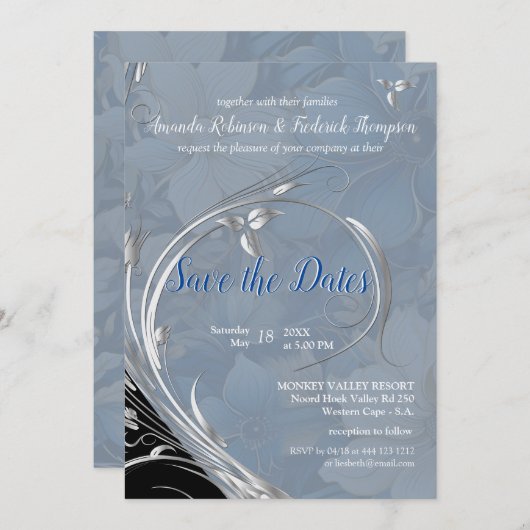 Invitation Fleurs de mélange bleu pâle doux (Devant / Derrière)