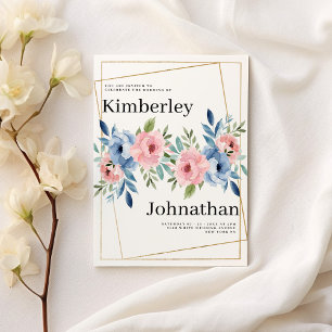 Invitation Fleurs de menthe bleu marine rose géométrique Mari