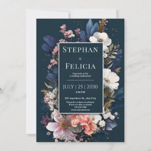 Invitation Fleurs de minuit bleues et roses pour mariage