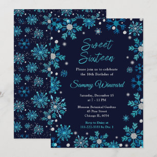 Invitation Fleurs de neige bleues et argentées Sweet Sixteen