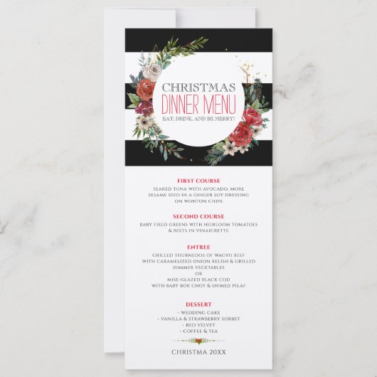 Invitation Fleurs de Noël couronnes et rayures (Devant)