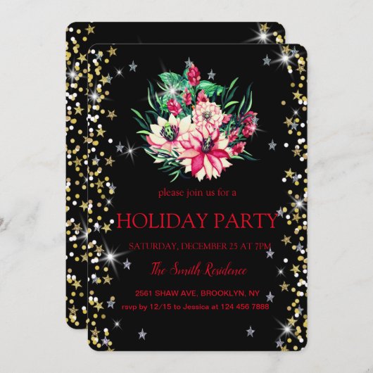 Invitation Fleurs de Noël Diamants mignons (Devant / Derrière)