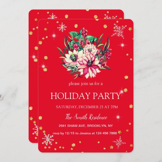 Invitation Fleurs de Noël Diamants Rouge mou (Devant / Derrière)