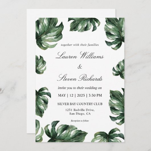 Invitation Fleurs de palmier élégantes blanches et vertes pou (Devant / Derrière)