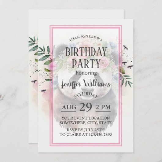 Invitation Fleurs de Panda Aquarelle                   (Devant / Derrière)