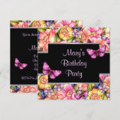 Invitation Fleurs de papillon rose anniversaire de femme (Devant / Derrière)