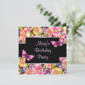 Invitation Fleurs de papillon rose anniversaire de femme (Debout devant)