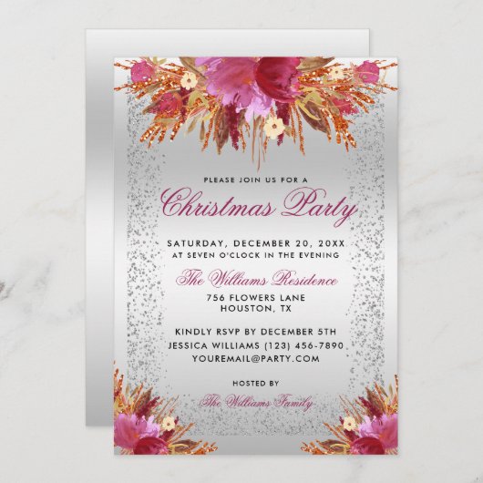 Invitation Fleurs de parties scintillant, Parties scintillant (Devant / Derrière)