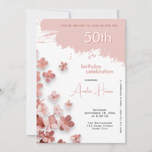 Invitation Fleurs de Parties scintillant rose Floral 50e anni (Devant)