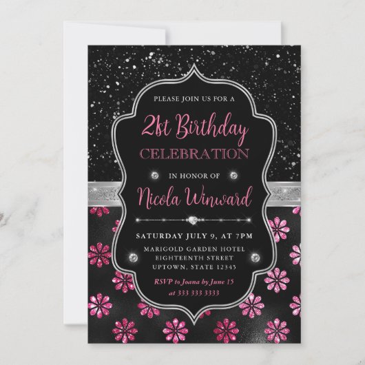 Invitation Fleurs de Parties scintillant roses et noires 21e  (Devant)