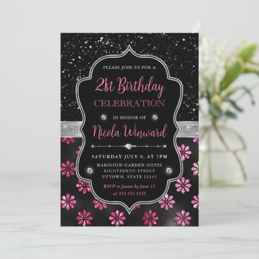 Invitation Fleurs de Parties scintillant roses et noires 21e (Debout devant)