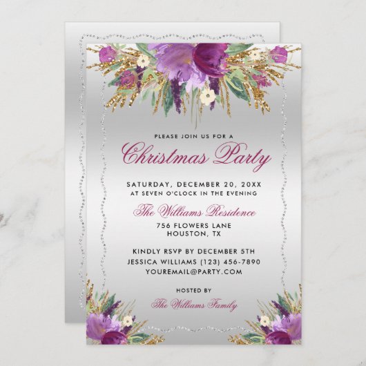 Invitation Fleurs de parties scintillant, Soirée de Noël enca (Devant / Derrière)