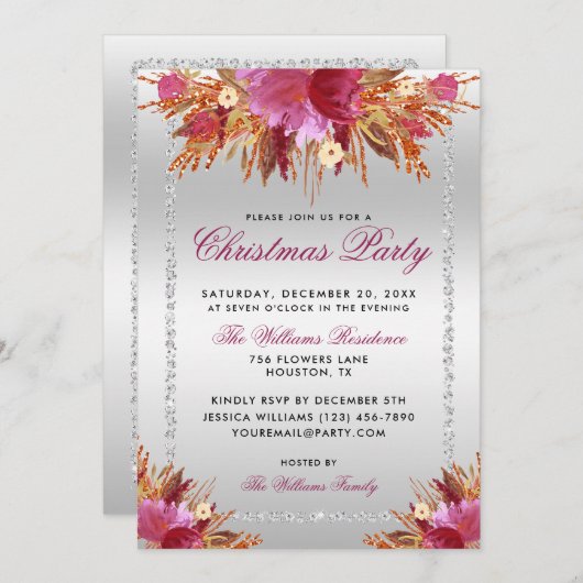 Invitation Fleurs de parties scintillant, Soirée de Noël enca (Devant / Derrière)