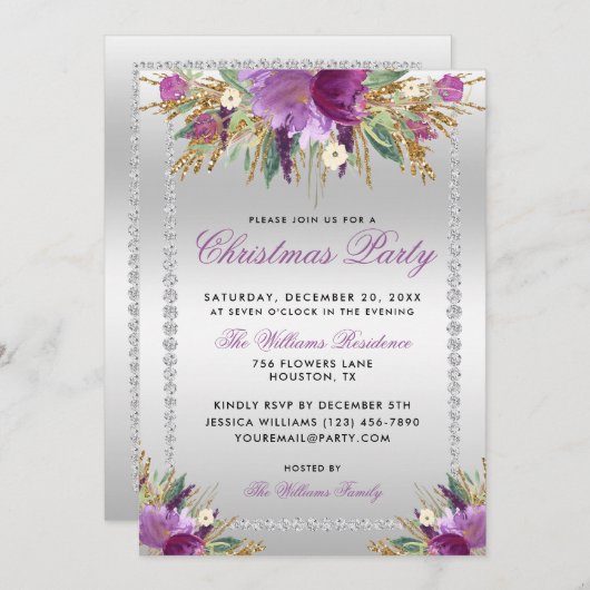 Invitation Fleurs de parties scintillant, Soirée de Noël enca (Devant / Derrière)