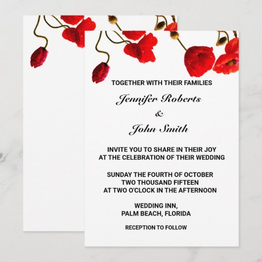 Invitation Fleurs de pavot Floral Rouge Blanc Cool Mariage te (Devant / Derrière)
